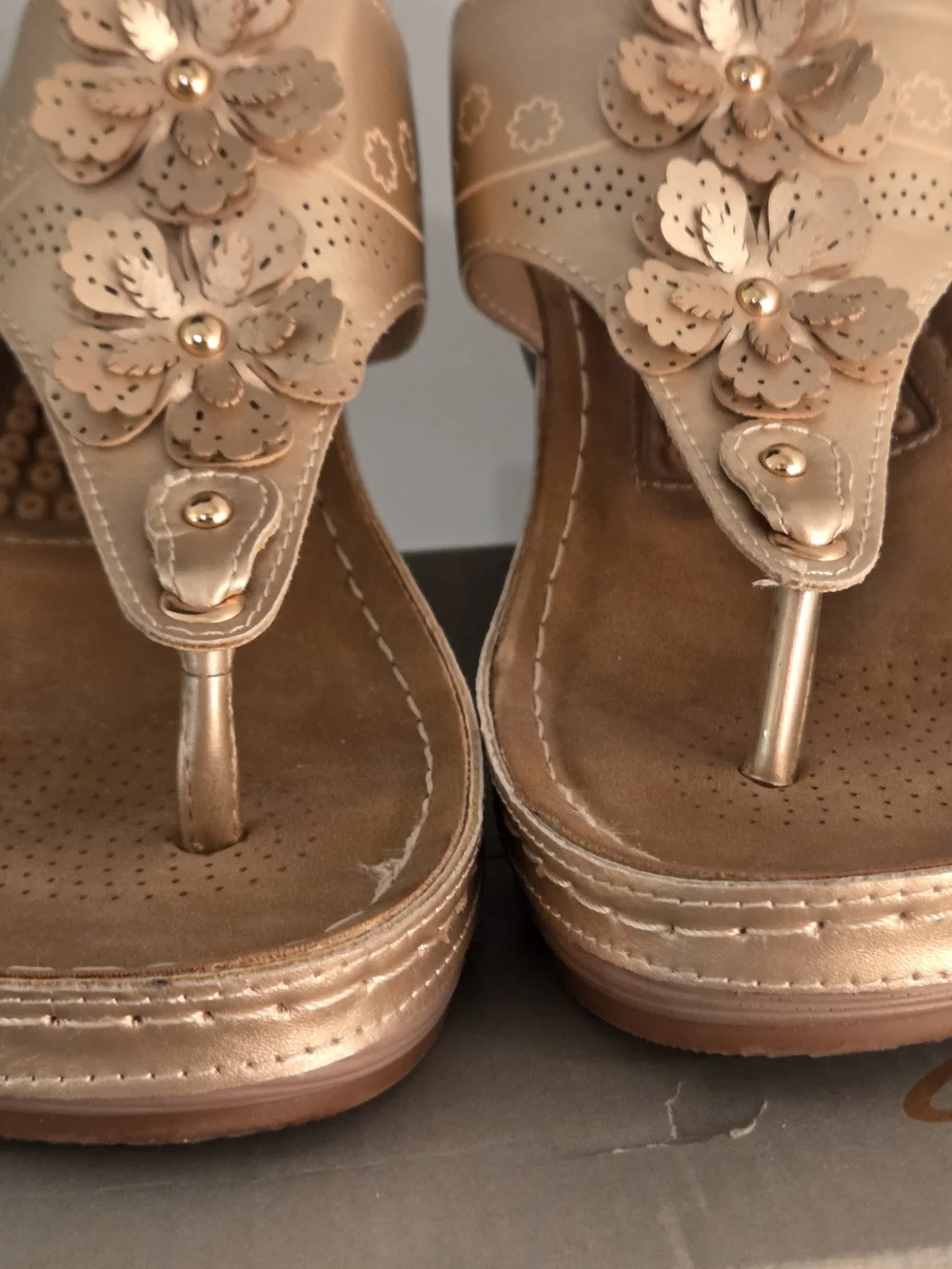 Women’s Wedge Sandals in Metallic Beige - Comfortable Floral Thong
